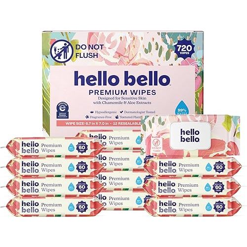 Hello Bello Premium Wipes, Designed for Sensitive Skin with Chamomile & Aloe Extracts, Rosy Posy (12 Resealable Packets = 720 Total Wipes)
