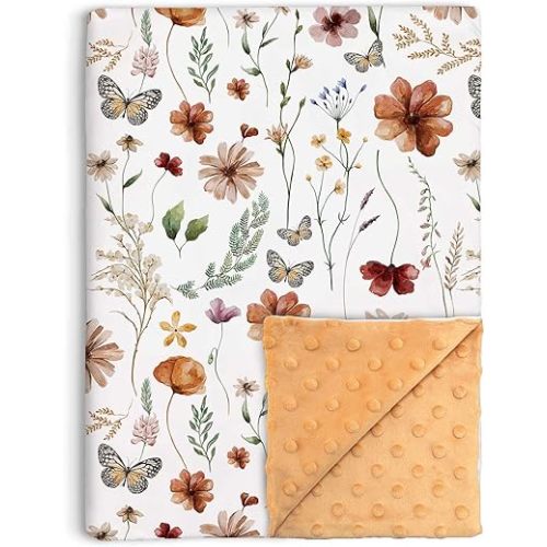Wildflower Baby Blanket for Girls, Boho Flower Toddler Soft Minky Blanket with Double Layer Dotted Backing, Nursery Newborn Baby Receiving Blanket Butterfly Flower Garden, 30"x40"