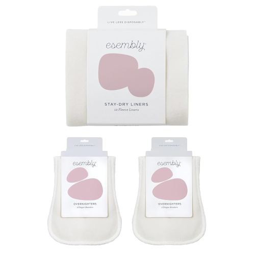 Esembly Stay-Dry and Nighttime Essentials Bundle | Stay-Dry Fleece Diaper Liners (12-Pack) and Overnighters (4-Pack)