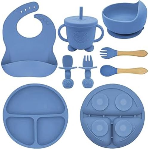 Munlinder Silicone Baby Feeding Set | Baby Led Weaning Supplies Includes Suction Bowls and Divided Plates, Adjustable Bib, Baby Utensils Spoons and Forks,Cup | Baby Feeding Essentials (Deep Blue)