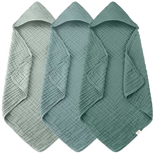 Ease Cubs 3-Pack Muslin Hooded Baby Towels, 100% Cotton, Ultra-Soft & Absorbent Baby Bath Towels with Hood for Babies, Infant, Toddler and Newbron (Emerald Series,32" x 32")