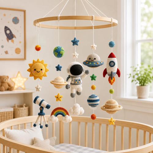 Crochet Space Baby Mobile, Astronaut Nursery Decor, Rocket Planet Crib Mobile, Solar System Baby Room Decor, Handmade Newborn Gift