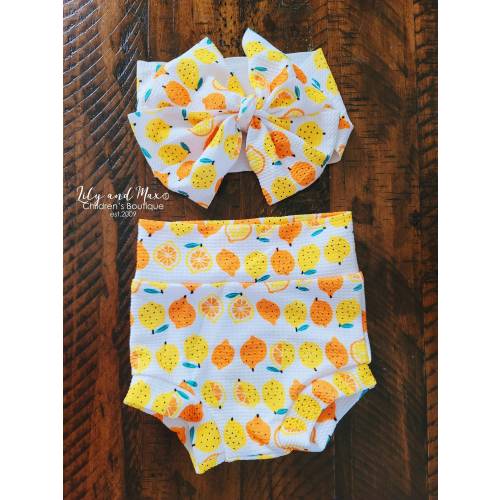 Lemon Citrus Baby Bummie Set, Bloomer Shorts, Headband, 0-6 Months