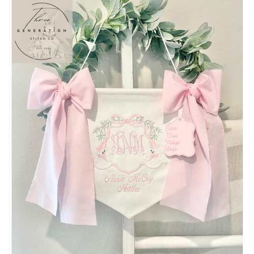 Custom Embroidered Baby Banner, Birth Announcement, Hospital Door Sign with bows, Baby Gift, Bassinet banner with crest, Swans