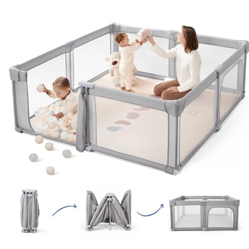 Sweeby Baby Playpen, 59x59 Inch Gate Foldable for Babies and Toddlers, Extra Large With Door Play Yard for Fence Indoor and Outdoor, Gray