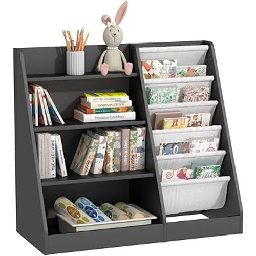 4 Tier Kids Bookshelf Wooden, Five Layer Sling Children Bookcase, Baby Toddler Storage Book Rack, Book and Toy Organizer Cabinet Chest, Book Display Shelf Stand, Playroom Nursery Classroom Library