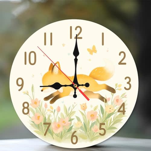 Cute Fox Nursery Wall Clock Decor10-Inch Wooden Wall Clock, Silent Movement, Battery Operated (AA Batteries Not Included), Artistic Home Decor, Perfect for Home Accents