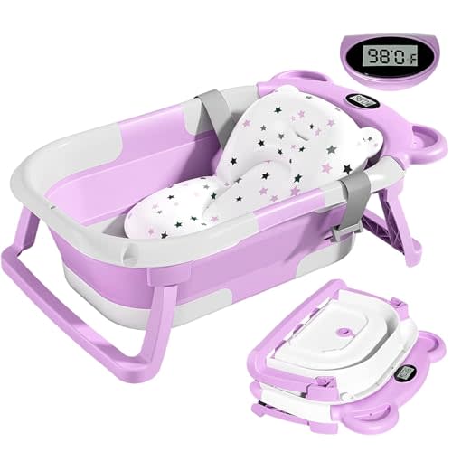 TPN Collapsible Baby Bathtub for Infants to Toddler with Real-time Temp Monitor+Floating Cushion,Foldable Baby Bath Tub Set Applicable 0-36 Month,Perfect Portable Travel Baby Tub for Newborns Boy