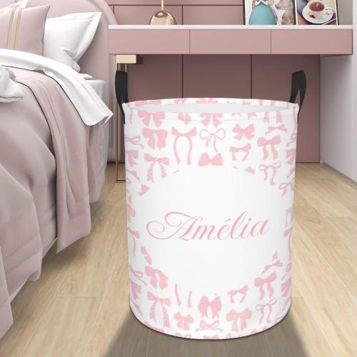 Personalized Coquette Bow Laundry Basket Custom Name Storage Bin Aesthetic Pink Nursery Hamper for Baby Girl Room Matching Home Decor