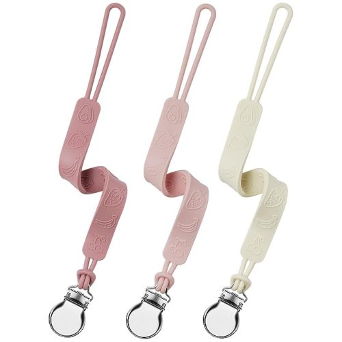 Silicone Pacifier Clip, Seposeve Pack of 3 Baby Pacifier Teether Clip with 4 Texture, Soft Flexible Silicone Pacifier Leashes & Cases for Boy and Girl, Keeps Pacifier Clean, Purple Pink White