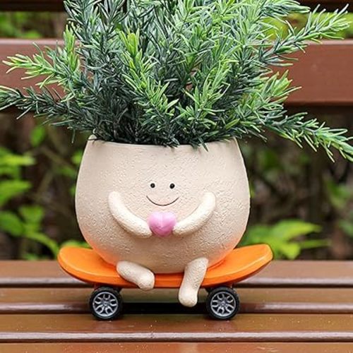 Cute Flower Pot Smiley Face Skateboard Planter Pots with Drainage Hole, Funny Head Plant Pot for Indoor, Unique Gifts for Succulent Plant Lover on Mother's Day Birthday Christmas