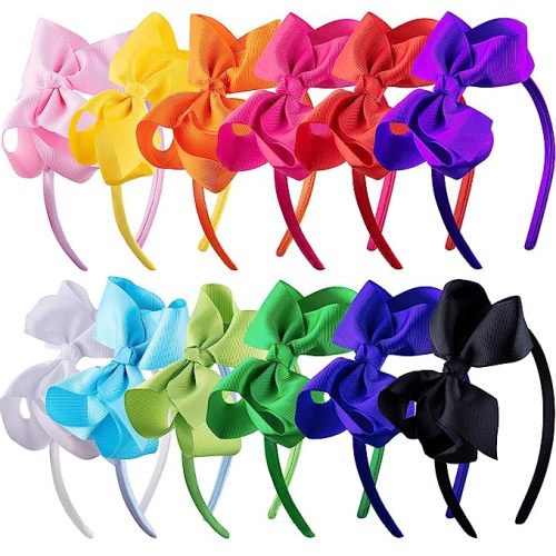 SIQUK 12 Pieces Headbands with Ribbon Bow for Girls, Hair Bow Boutique Grosgrain Headbands, 12 Colors - Iridescence - 1 Count (Pack of 12)