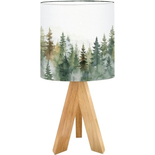 Cute Kids Bedside Desk Table Lamp Watercolor green pine tree misty forest woods fog art beautiful Children Nightstand Lamp, Tripod Small Night Lights Linen for Nursery Room Bedroom Dorm Decor
