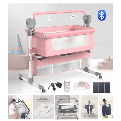 Electric baby Crib with Mosquito Net, Newborn Baby Smart Swing Bed, Portable Bedside Bassinet,Pink