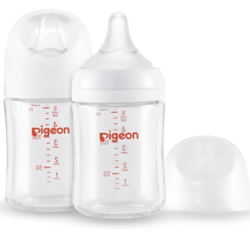 Pigeon Glass Nursing Bottle Wide Neck, Anti-Colic, Streamlined Body, Natural Feel, Easy to Clean, Heat-Resistant, 5.4 Oz (Pack of 2), Includes 2pcs SS Nipples (0m+)