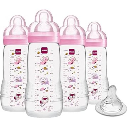 MAM Easy Active Baby Bottles 11 oz with Bonus Nipple, Fast Flow Skinsoft Silicone Nipple with Wide Neck Ergonomic Design, Easy to Hold, BPA-Free Bottles with Leak-Proof Caps for 4+ Months Baby, Girl