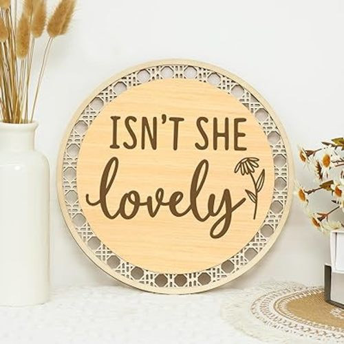Huray Rayho Isn' t She Lovely Wooden Sign Little Girl Decor Boho Girls Room Wall Art Round Ratten Style Shelf Decor Set of 1 10 Inches Housewarming Baby Gift