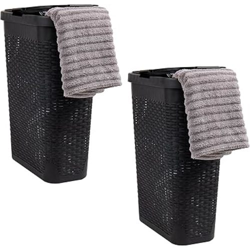 Mind Reader 40L Slim Laundry Hamper, Clothes Basket, Lid, Wicker Design, Plastic, 18"L x 10.4"W x 23.5"H, Set of 2, Black
