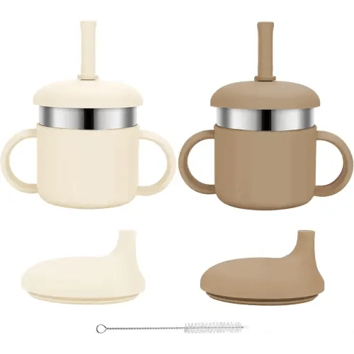 Baby Sippy Cups, 7.4 Oz Baby Cups, 3 Stages Training Cup, Straw Cup for Infants Toddlers 6-12 Month and Kids 1-3 Year, Stainless Steel Kid Cups with Silicone Straws, 2 Colors, Beige+Brown