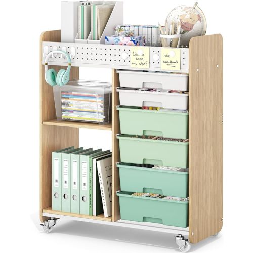 Rolling Craft Cart with 6 Drawers, Pegboard and Locking Wheels Green | Ample multi-zone storage, 2 open shelves, art cart for classrooms, homeschool and offices, sturdy wood-metal frame