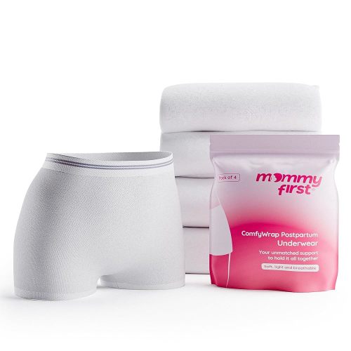 Mommy First® High-Waisted Postpartum Underwear | Soft, Breathable, Stretchable Hospital Panties for C-Section & Vaginal Delivery Recovery | Disposable & Washable | Waist 28" to 40" | Pack of 4 White