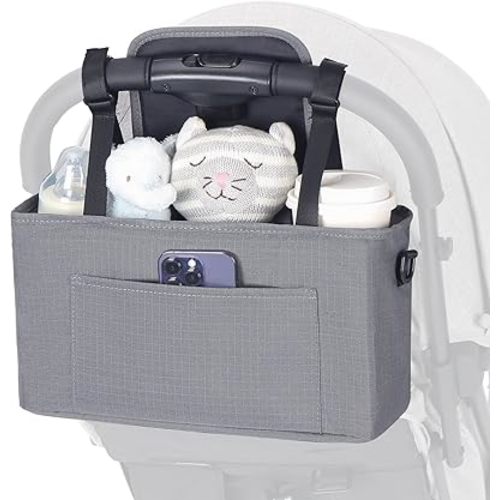 Beberoad Love Universal Stroller Organizer with Cup Holder Large Capacity Stroller Caddy Waterproof Stroller Bag with Shoulder Strap (Grey)