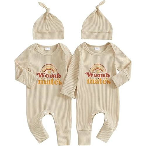 0-3 mo, YOKJZJD Newborn Baby Girl Boy Twins Matching Outfits Womb Mates Knitted Romper Mitten Cuffs Jumpsuit with Hat Fall Clothes