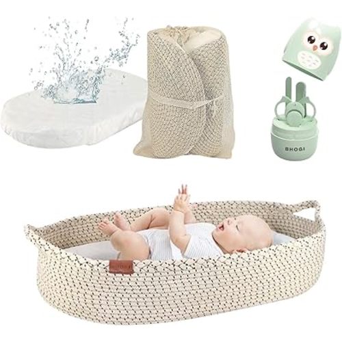 Changing Basket for Baby Dresser Top - Handcrafted 100% Organic Cotton, Lightweight, Waterproof Cover, Raised Edges, Foam Mattress, Security Strap (Neutral Cream) | Includes Baby Nail Clippers Kit