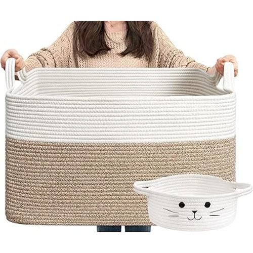 Goodpick Blanket Basket, Toy Baskets Storage Kids, Large Baskets for Nursery, Baby Laundry Basket, Blanket Storage for Dirty Clothes, 21.6" x 14.9" x 11.8", White & Light Brown