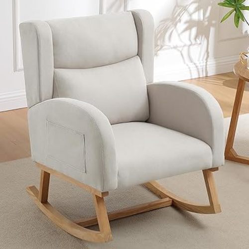 Nursery Rocking Chairs Upholstered Rocking Chair for Nursery Cozy Nursing Rocking Chair High Backrest Modern Indoor Rocking Chair for Living Room Bedroom Adults Rocking Chair Soothe(Linen Beige)