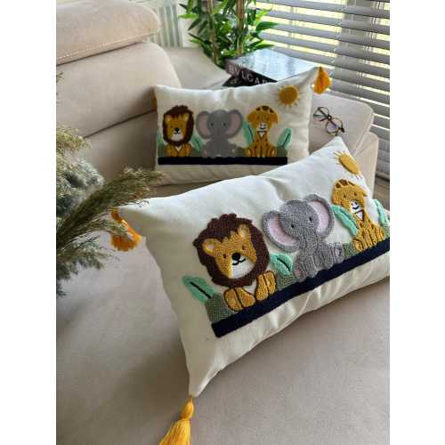 Safari Animal Punch Pillow – Handmade Embroidered Cushion, Jungle Themed Decor, Kids Room Accent, Cute Lion, Elephant & Cheetah Pillow