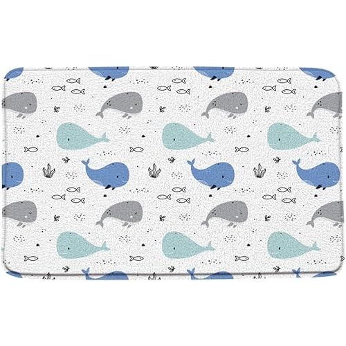 Cartoon Whale Bath Mat Funny Cute Blue Gray Underwater Fish Abstract Nautical Ocean Sealife Microfiber Memory Foam Bathroom Rug Doormat Toilet Floor Rug,17.8x29.5 Inch