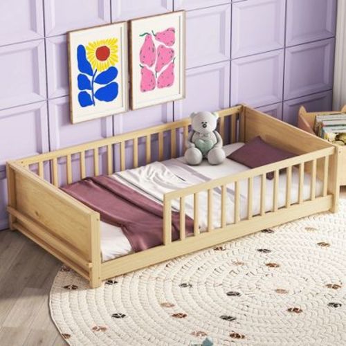 Whisen Twin Size Montessori Floor Platform Bed with Fence Door and Built-in Book Storage Rack on Headboard - Natural