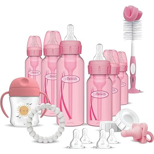 Dr. Brown's Anti-Colic Options+ Special Edition Pink Baby Bottle Gift Set with Sippy Spout Cup, Happy Paci Pacifier, Teether, Bottle Brush and Travel Caps (Pacifier/Teether Style May Vary)