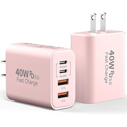 USB C Wall Charger Block, 2Pack 40W 4-Port C Charger Fast Charging Block PD Power Adapter +QC 3.0 USB A Wall Plug Multiport Type C Box Cube for i Phone 15/14/13/12/11 Pro Max, pad, Galaxy, Pink