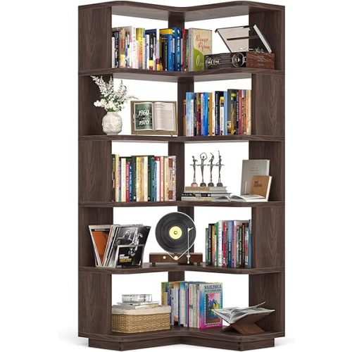 Armocity Corner Book Shelf - 6-Shelf Corner Bookshelf Etagere Bookcase with Baffle, Freestanding L Shaped Display Shelf Stand for Home Office, Living Room, Bedroom, Kitchen, Black Walnut