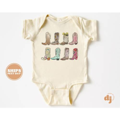 Baby Bodysuit - Western Boots Cowgirl Bodysuit - Retro Natural Baby Bodysuit #5957