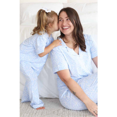 Women's Two Piece Flare Lounge Set in Blue-tiful Bows | Caden Lane