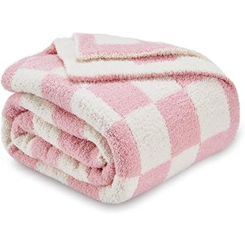 CozeCube Checkered Blanket, Ultra Soft Cozy Pink and White Throw Blanket, Warm Cozy Knit Fuzzy Plush Checkerboard Throw for Couch Bed Sofa, 60“x80”