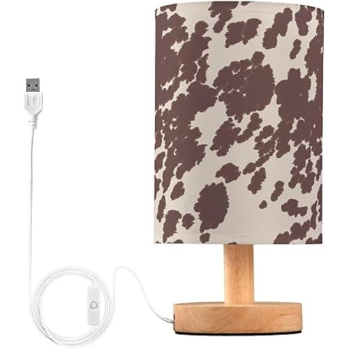 Bedside Lamp Cow Horse Print Brown Spots Table Lamp for Bedroom LED Nightstand Lamp Shade USB Ports Wood Base for Living Room Dorm Office