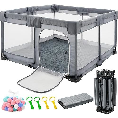 Foldable Baby Playpen with Mat, 50x50inch Playpen for Babies and Toddlers,Portable Play Pen with 30pcs Ocean Balls and 4 Handlers Indoor & Outdoor. (50“X50”)