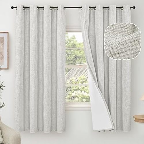 100% Blackout Curtains for Bedroom 63 Inch Length 2 Panels, Thermal Insulated Complete Light Blocking Noise Reducing Linen Window Curtains for Nursery, Bronze Grommet, Each 52" Wide, Light Grey