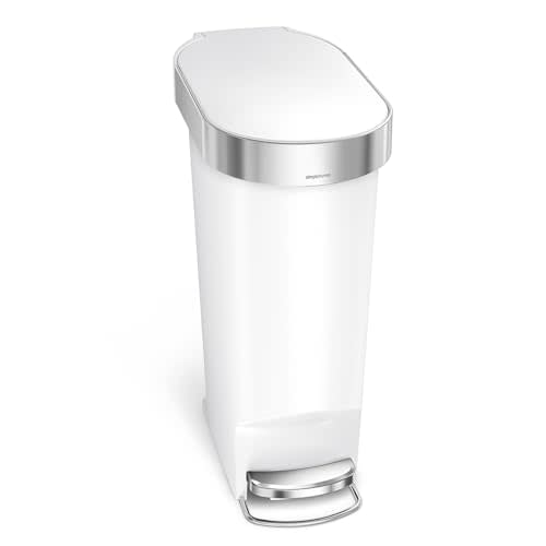 simplehuman 40 Liter / 10.6 Gallon Slim Kitchen Step Trash Can with Liner Rim, 40L, White