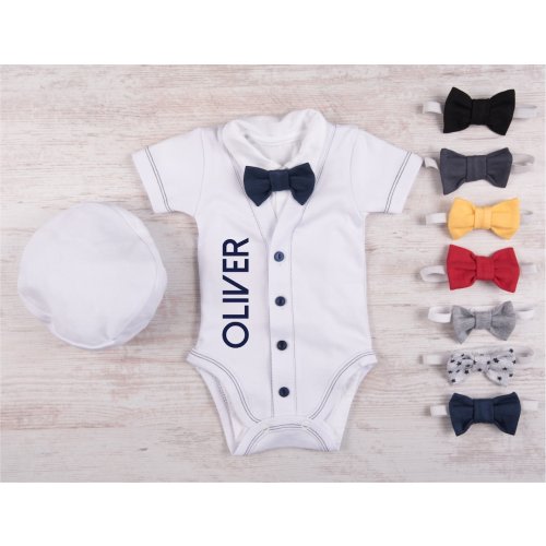 COMING HOME OUTFIT Boy, Personalized Cardigan (Short Sleeve or Long Sleeve), Bodysuit, Hat & Bow Tie White/Navy Set, Baby Boy Clothes