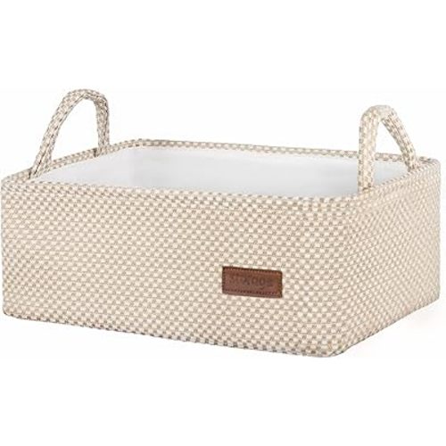Small Storage Basket for Organizing Home Closet Shelf Nursery Toy Book-Decorative Fabric Foldable Bathroom Storage Bin-Storage Basket for Gifts Empty with Handles,15"*10"* 5.3"(Beige)