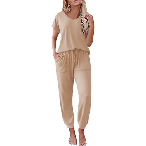 Ekouaer Pajama Sets for Women 2 Piece Lounge Sets Short Sleeve Pullover Top and Jogger Pants Pjs Sleepwear Tracksuit S-XXL