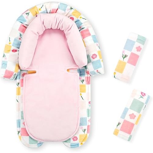 SWESEN Baby Car Seat Head Support, Super Soft 2 in 1 Infant Car Seat Insert for Girls, Reversible Newborn Car Seat Insert Cushion with Strap Covers for Strollers, Bouncers, Swing, Plaid and Floral