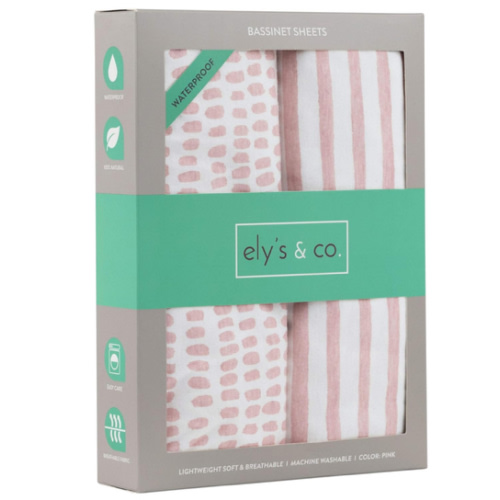 Ely's & Co. Patent Pending Waterproof Bassinet Sheet, No Need for Bassinet Mattress Pad Cover, 2 Pack Mauve Pink Splash & Stripes,for Baby Girl 32" 16"X3"