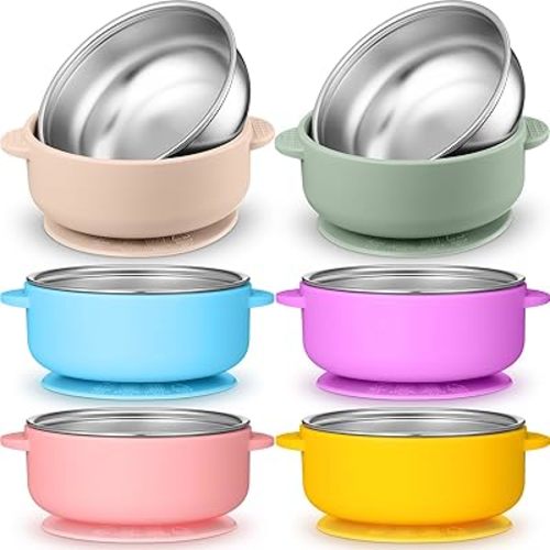 Nuogo 6 Pcs 304 Stainless Steel Baby Bowls with Removable Silicone Shell Toddler Bowls Kids Anti Scald Snack Container for Food Feeding, Dishwasher Safe(Mixed Series Color,Suction-a)