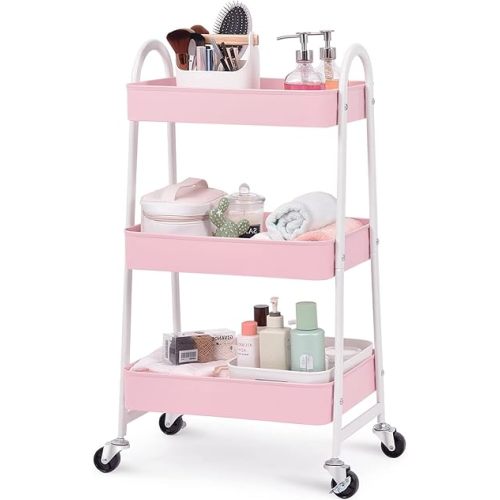 KINGRACK 3-Tier Metal Rolling Cart, Multi-Functional Storage Cart with Handle and Lockable Wheels, Utility Cart for Office, Bathroom, Kitchen, Pink